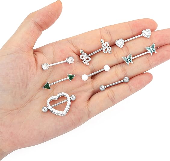 9Pairs Nipple Rings 14G Stainless Steel Heart Butterfly Snake Ball Emerald Triangle CZ Barbell Tongue Rings Set 16mm Silver Tone