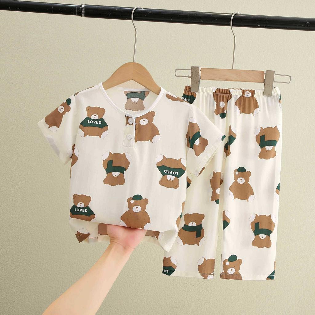Summer Little Boy Thin Loungewear Suit Summer Children'S Cotton And Silk Pajamas Boys And Girls Short-Sleeved Trousers Cotton Silk