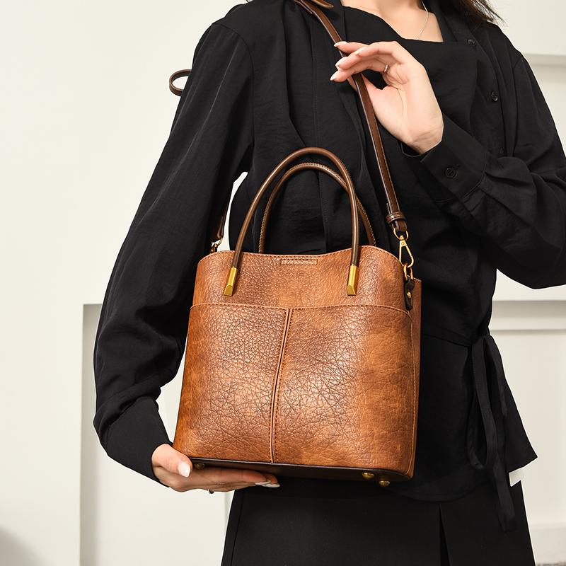 Women's PU Leather Tote Bag, Vintage Brown Bucket Handbag, Small Capacity Shoulder Crossbody Bag, Casual Daily Commuter Bag for Work Shopping Travel