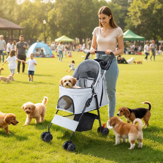 4 Wheels Pet Stroller, Foldable Cat And Dog Stroller with Mesh Windows, Cup Holder, Storage Basket, Breathable Pet Strolling Cart Holds Up To 22lbs