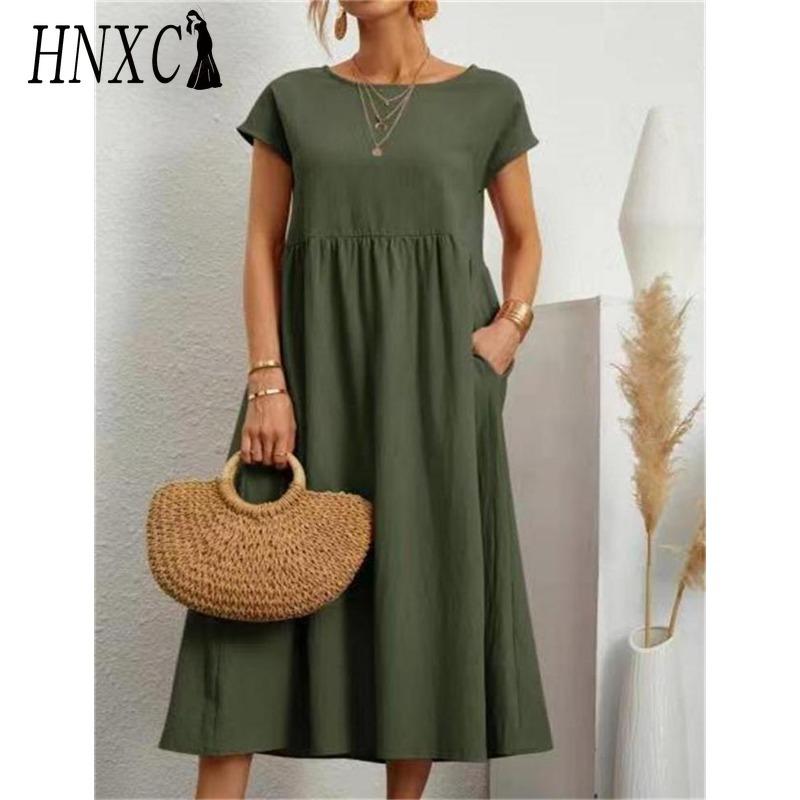 HNXC Women's Fashion Summer Spring Solid Color Print O-Neck High Waist Casual Dresses