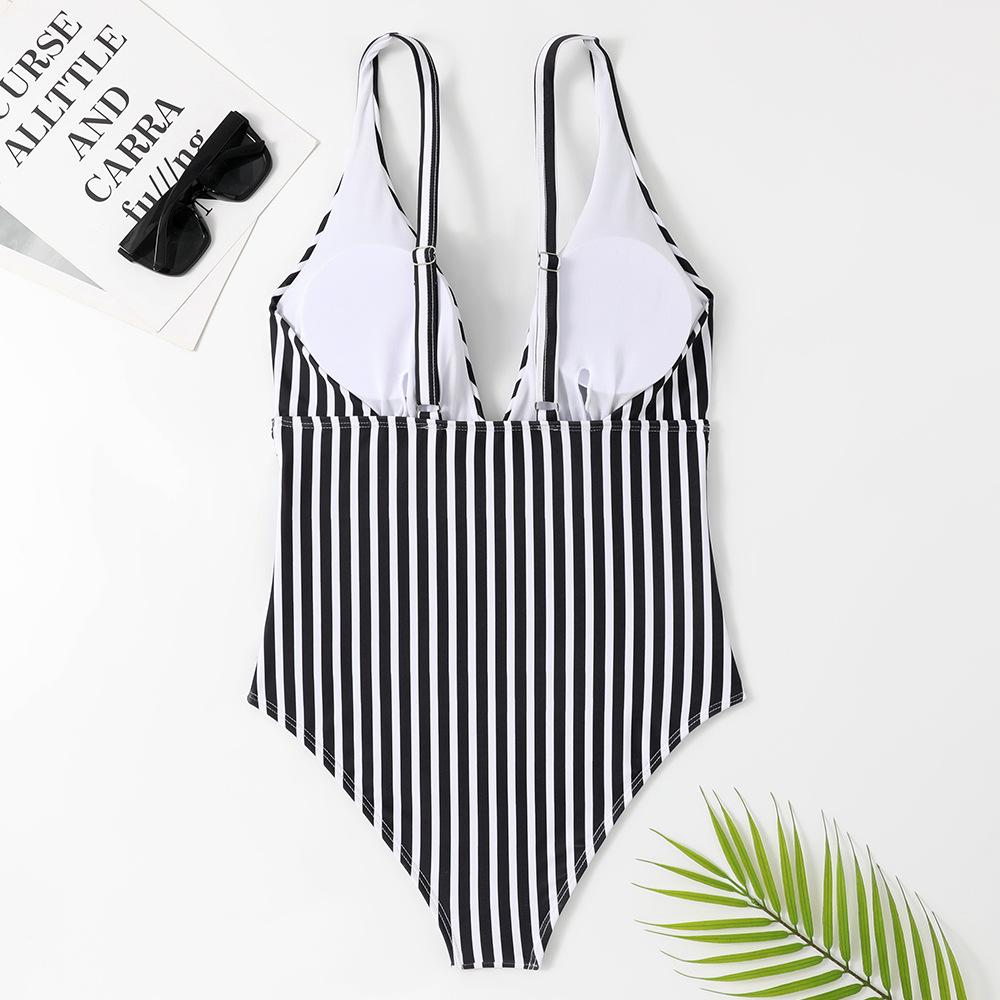 Sweet Striped V-Neck Backless One-Piece Swimsuit by Xingcheng