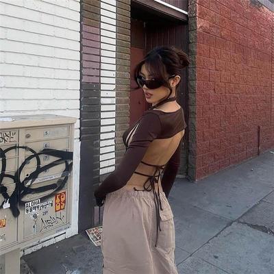Y2k Streetwear 2-teiliges Langarm-Neckholder-Crop-Top Sexy trendige unregelmäßige rückenfreie Damen-T-Shirts Ästhetik
