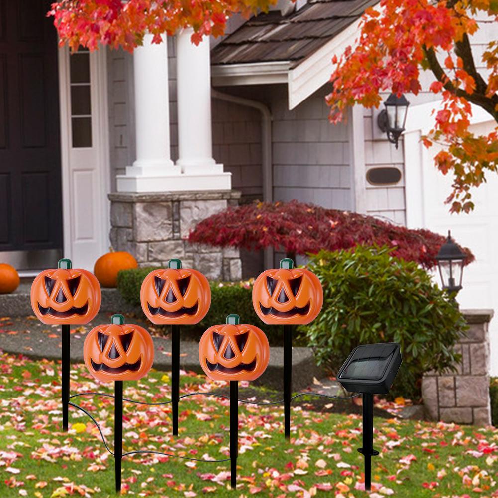 5 Pack Solar Halloween Pumpkin Stake Lights Waterproof Halloween Skull Pathway Lights for Garden Yard Lawn Decor