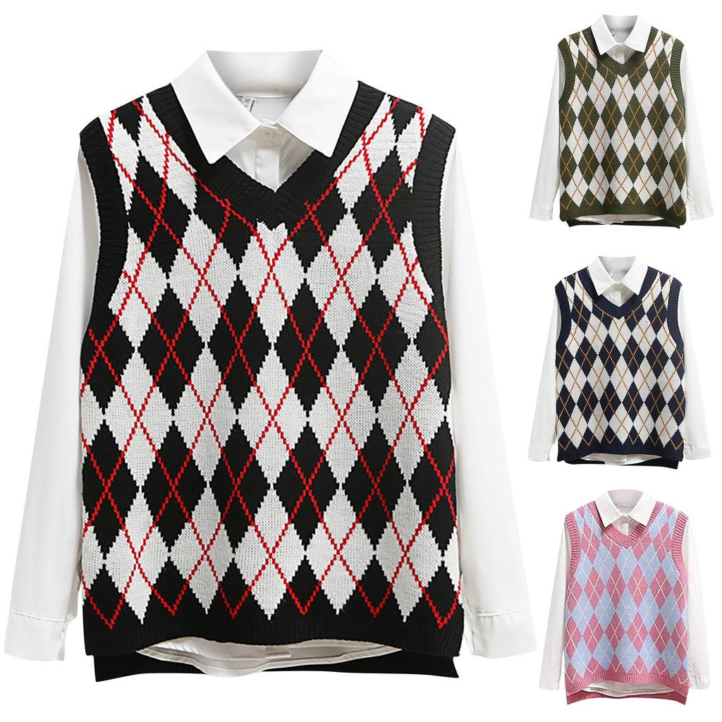 Women's Casual V-Neck Pullover Shirt Collision Color Sleeveless Sweater Vest