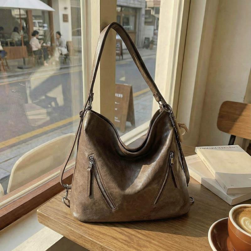 Leather Hobo Bag Women's Fashion Shoulder Tote with Dual Zip Pockets and Adjustable Strap