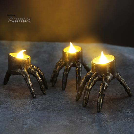 Halloween Themed Accents Skeleton Hand Candle Light, Gothic Creepy Skull Hands Fake LED Seasonal Table Decoration for Centerpiece, Entryway,