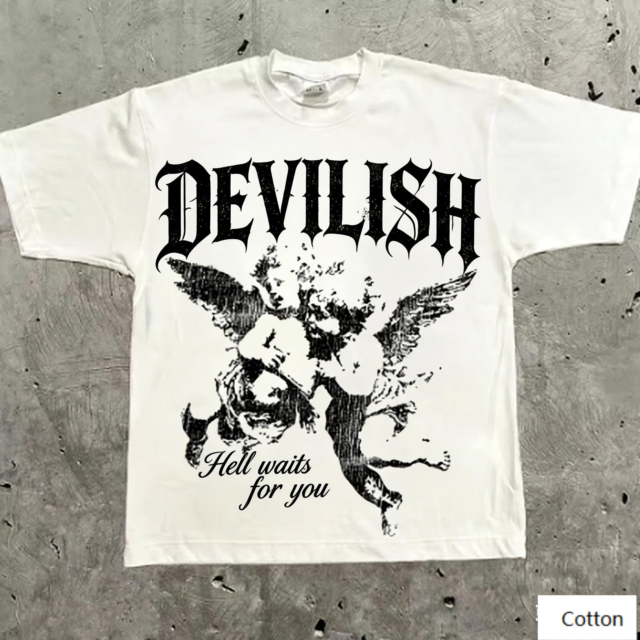 

Oversized TShirt with Devilish Angel Graphic Loose Streetwear Style Soft Heavyweight Fabric Classic Crew Neck for Trendy M