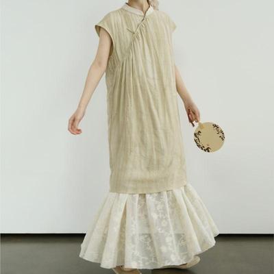 Damen Vintage Jacquard Kleider Stehkragen Ärmellos Knopf Sommer Patchwork Spitze Chinesischer Stil Weiches A-Linien Kleid