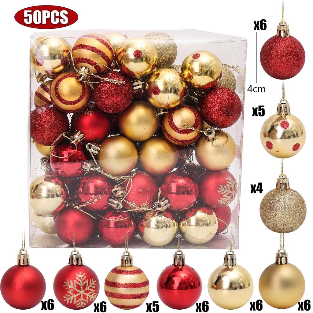 50pcs Gold Red Snowflake Christmas Balls Set Plastic New Year Hanging Pendents Ball Ornaments for Xmas Tree Navidad Party Decor