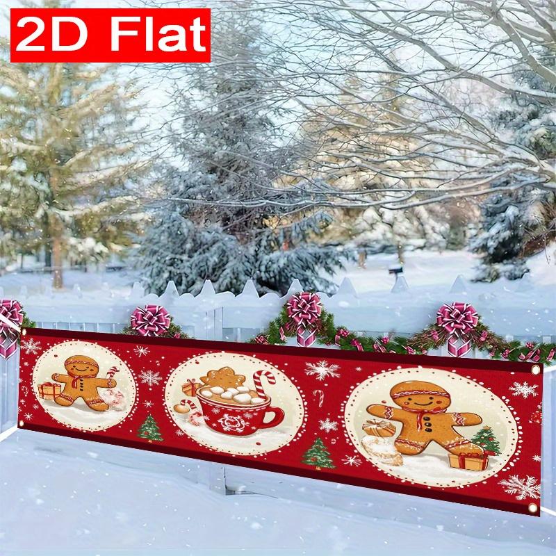 Merry Christmas Gingerbread Man & Snowflake Banner, Festive Polyester Outdoor Garden Porch Fence Wall Party Decoration