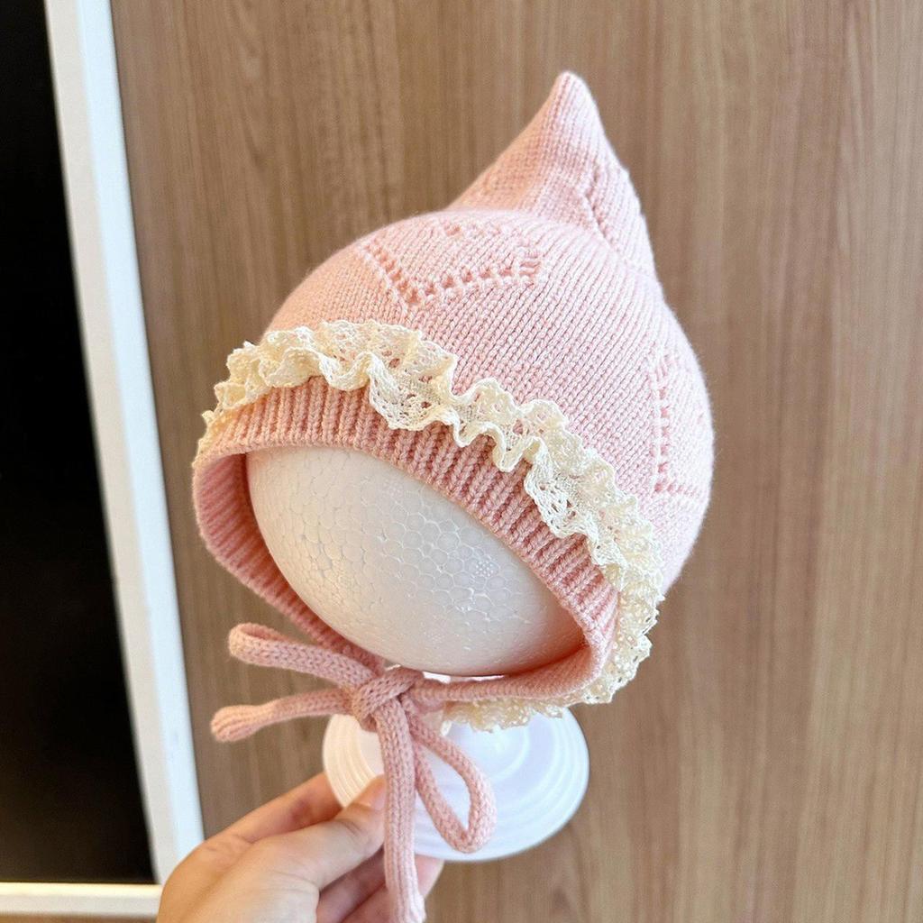 Winter Warm Newborn Fetal Hats Kids Tie Beanies Princess Lace Pointed Knitted Hat Toddler Soft Woolen Crochet Bonnet