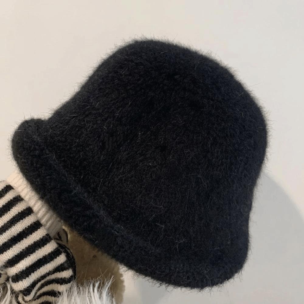 Polyester Warm Winter Bucket Hat Rabbit Fur Blend Rolled Brim Hat Fuzzy Fisherman Hat Cold Weather