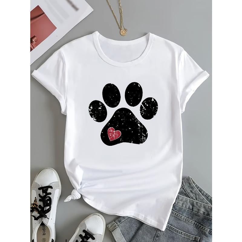 European Size Plus Size - Plus Size - Casual Women'S T-Shirt with Graphic Print - Short Sleeves, Crew Neck, White Featuring Black Paw