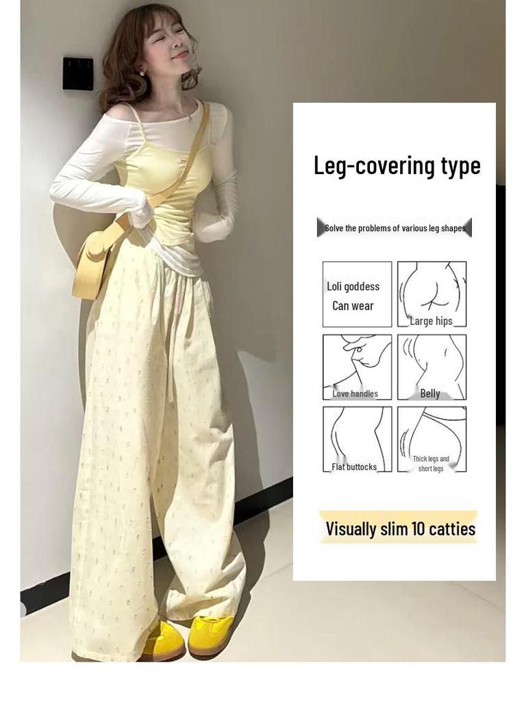 Dopamine Yellow Polka Dot High-Waisted Wide-Leg Pants for Women, Petite, Spring/Autumn 2025, Lightweight, Floor-Length