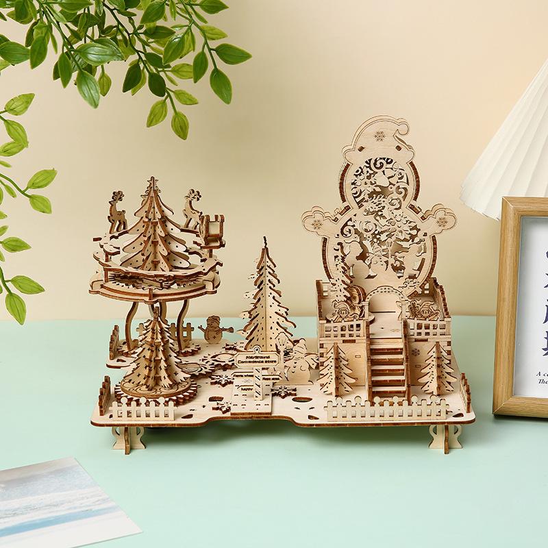3D Wooden Puzzle Christmas Amusement Park Deer Carriage Music Box with Light Assembly Toy for Kid DIY Decoration for Gifts
