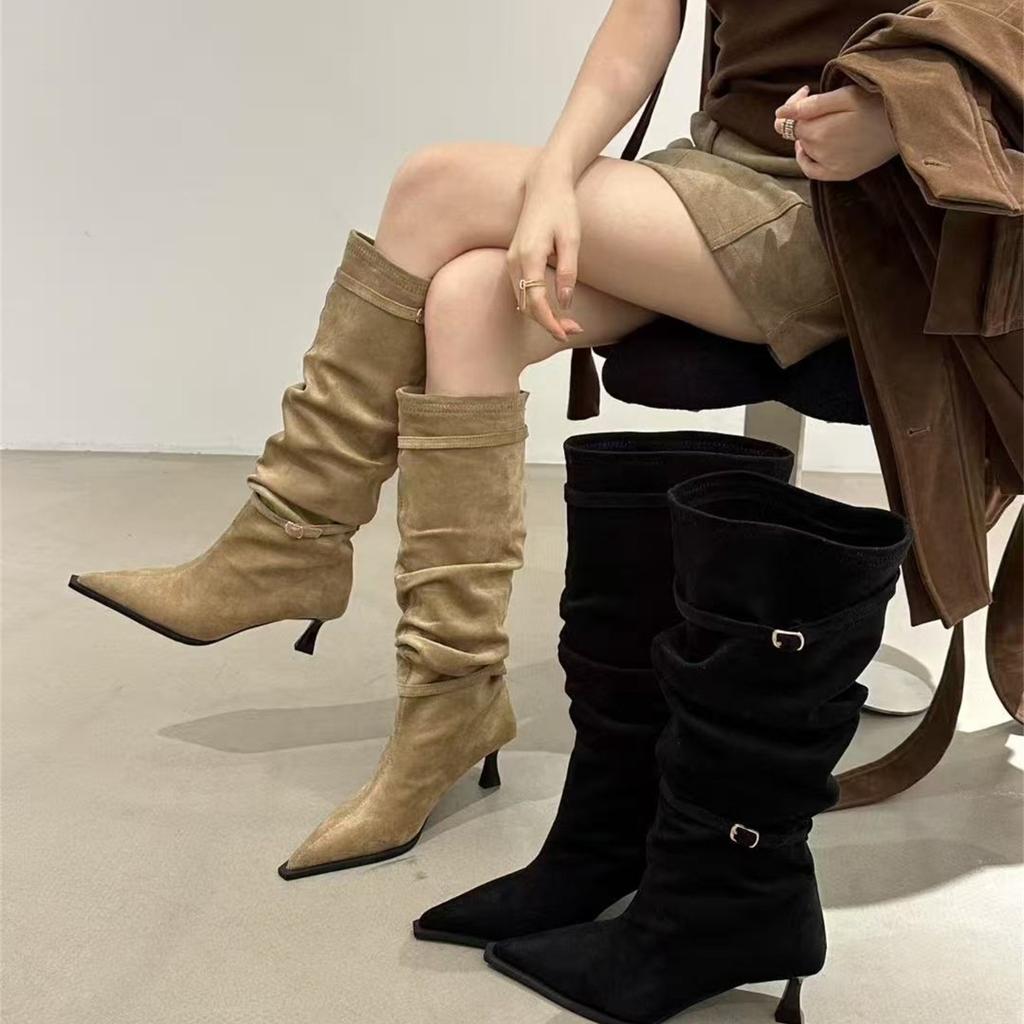 Pointed High Heel Khaki Pile Boots Women's Boots 2025 Autumn/Winter Skirt Skinny Knight Medium Boots