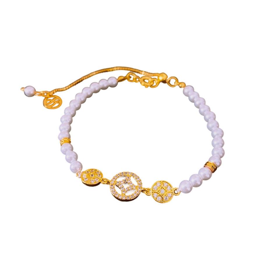 Light Luxury Gold Plated Zircon Copper Coin Pearl Bracelet For Women Gift