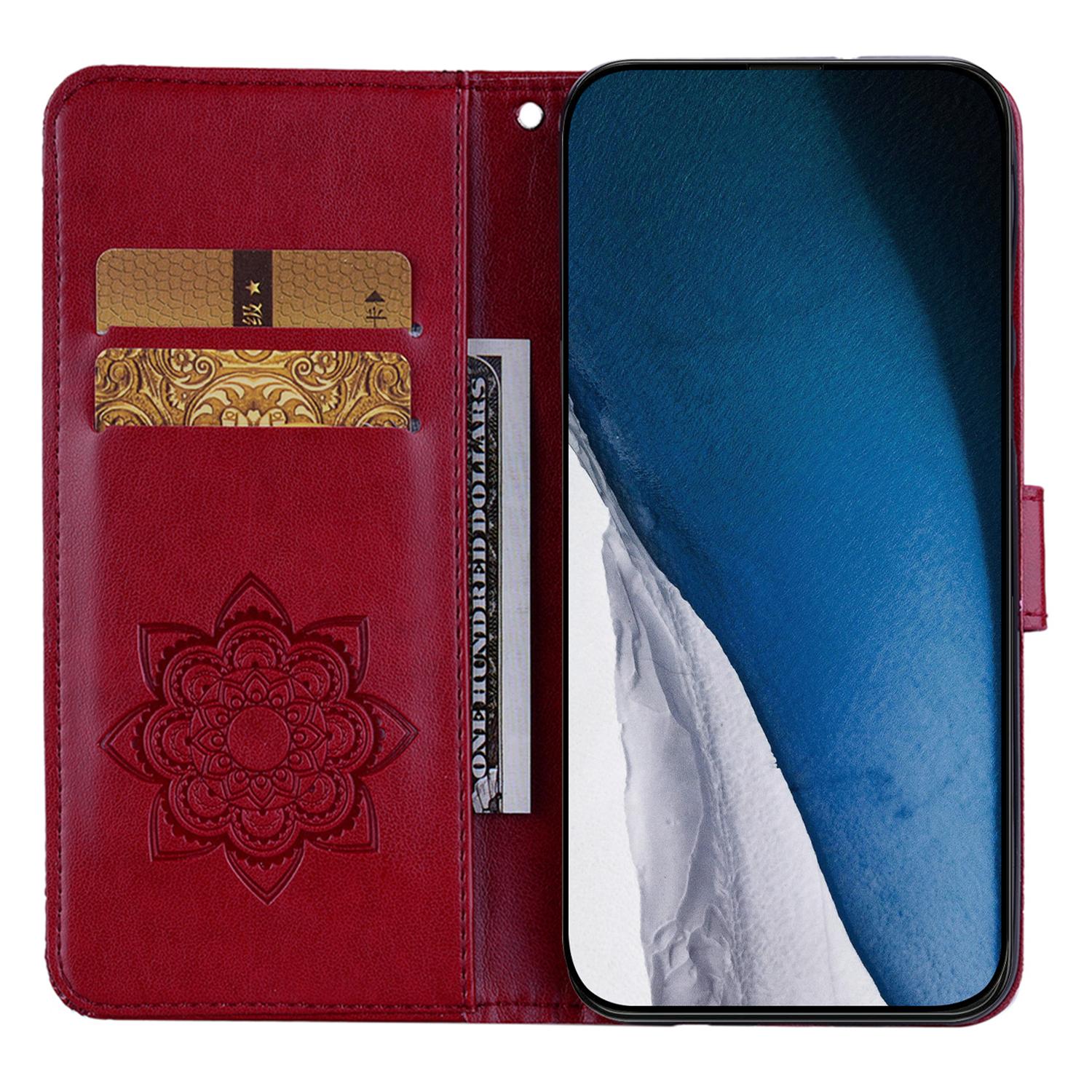 

For iPhone 16 Plus Wallet Case Owl Flower Imprinted Rhinestone Leather Cover Red