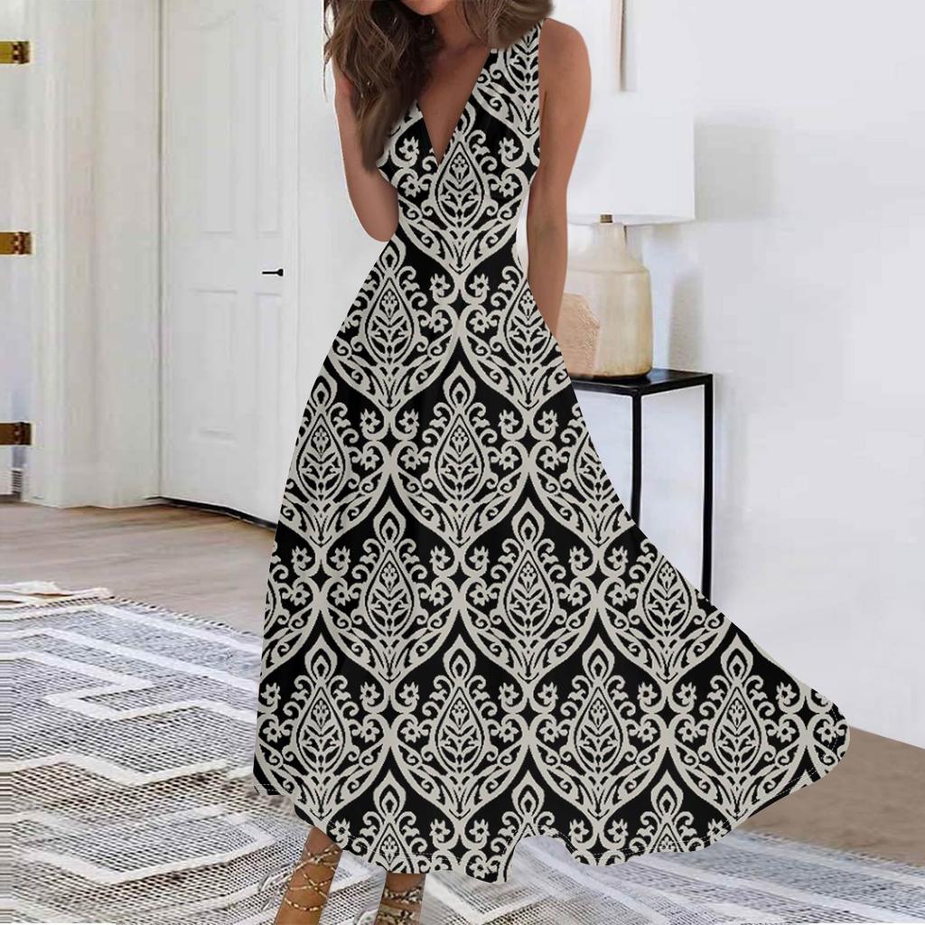 Women's Fashion Casual Loose V-Neck Sleeveless Printed Dresses