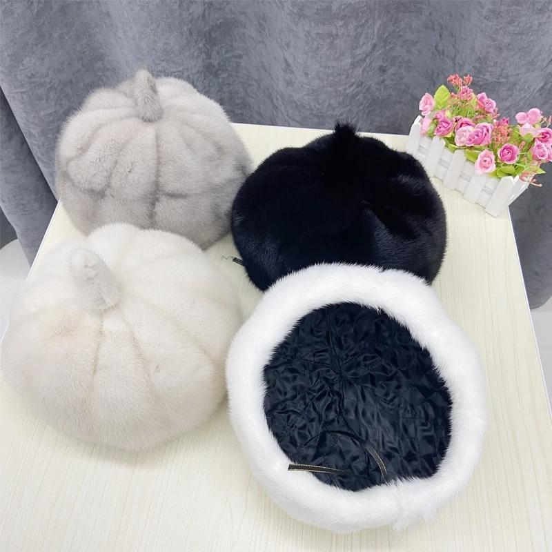 Luxury Mink Fur Hats for Women Winter Warm Solid Genuine Fur Cap High Quality Female Fur Hat