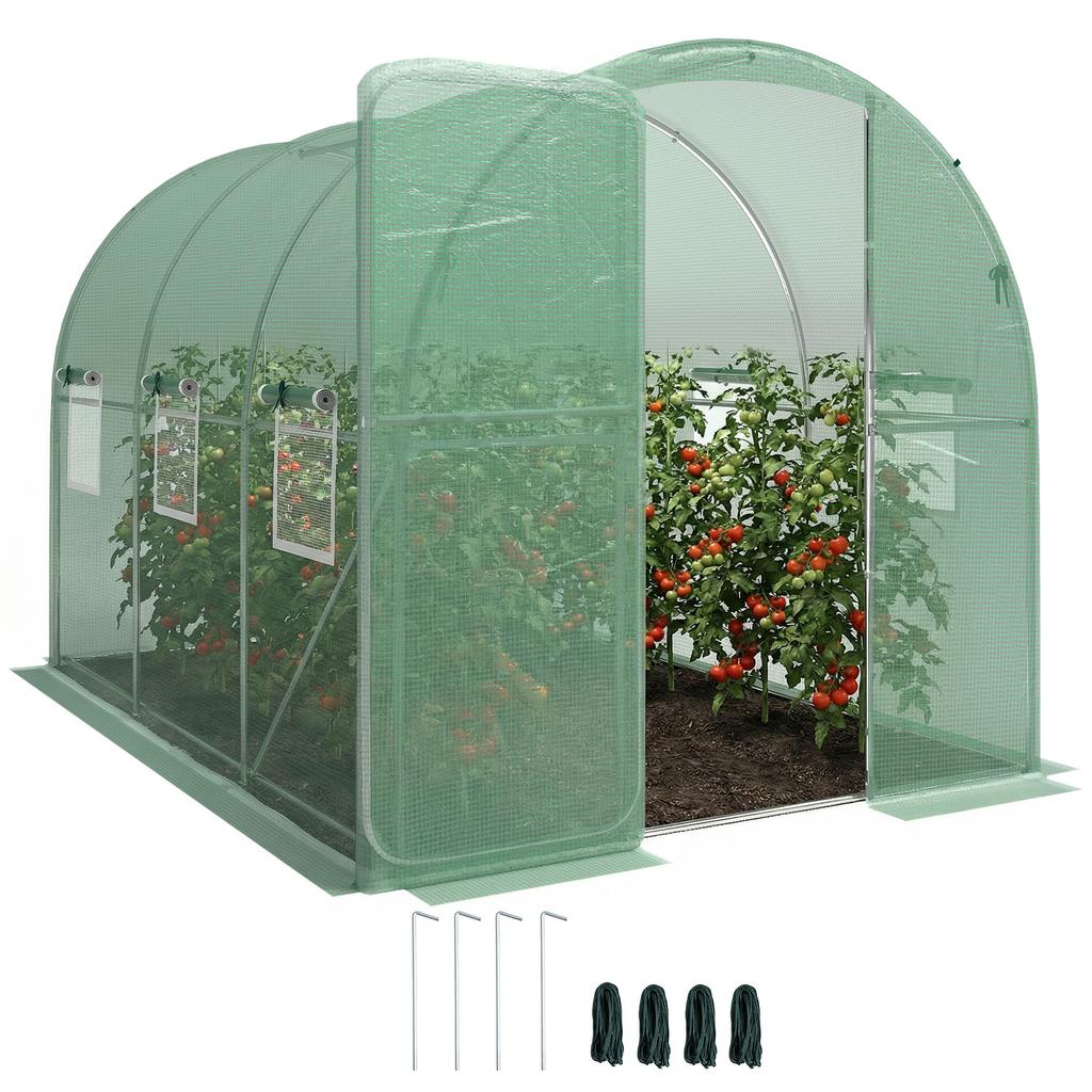 2 x 3 m Walk-in Polytunnel Greenhouse with Hinged Door and 6 Roll Up Mesh Windows, Garden Tunnel Warm House Tent, Green