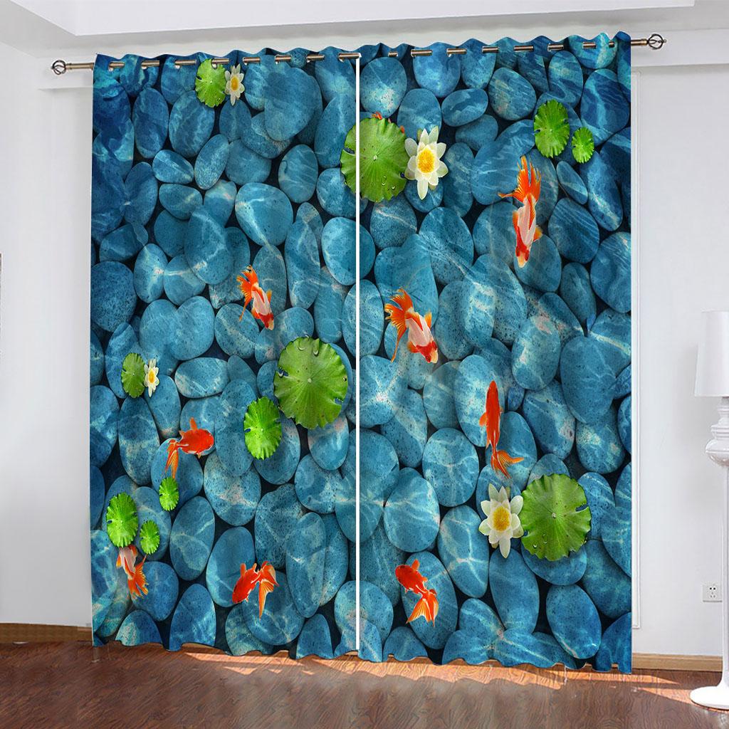 

Винтажные шторы 3D растения листья лотоса цветы лотоса животные карп оконные шторы для гостиной спальни декор 2 шт. W70xH160cmx2&Grommet Top