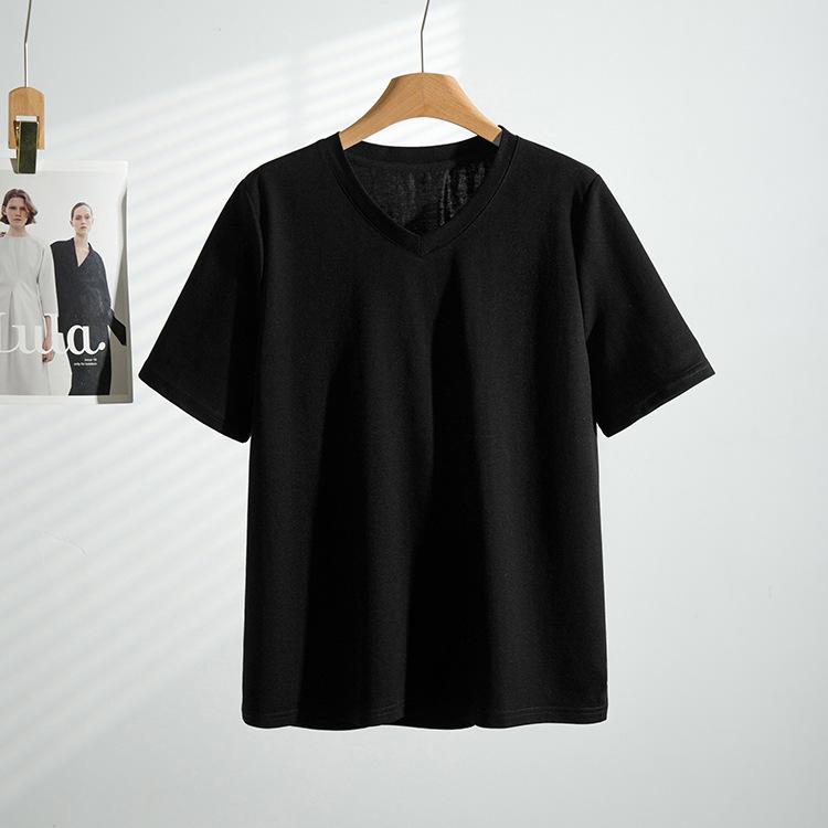 

2026 Summer Plus Size V-Neck Short Sleeve Women s Top: Loose, Slimming, Stylish, Solid Color 8XL (suggested weight 230-260 jin) чёрный