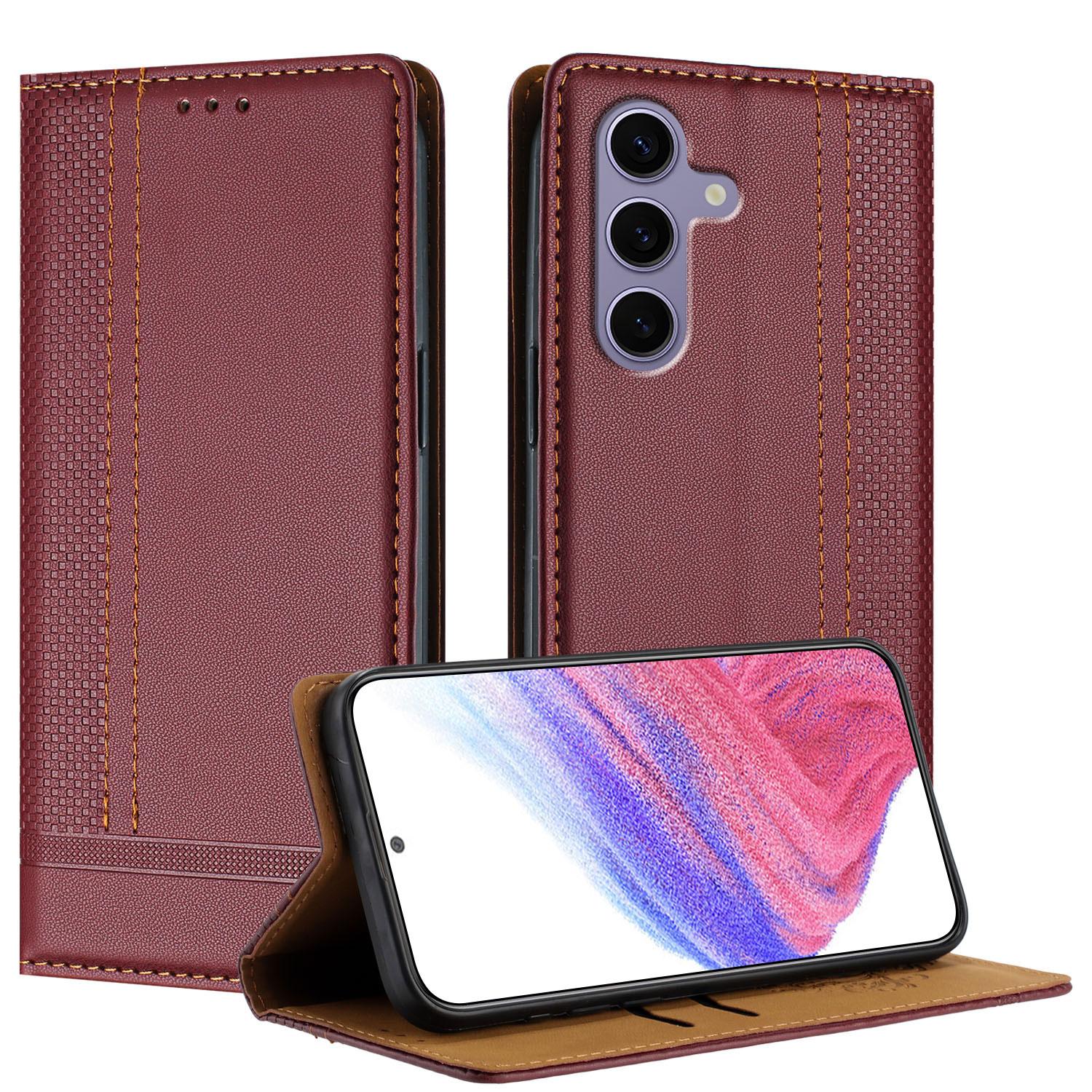 

Чохол для Samsung Galaxy S24 FE Шкіряний чохол-підставка з L-подібним сітчастим візерунком з відділеннями для карток Wine Red