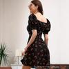 European and American Style Cherry Print Waist and Thin V-neck Bubble Sleeve A-word Dress, Summer New Short Skirt