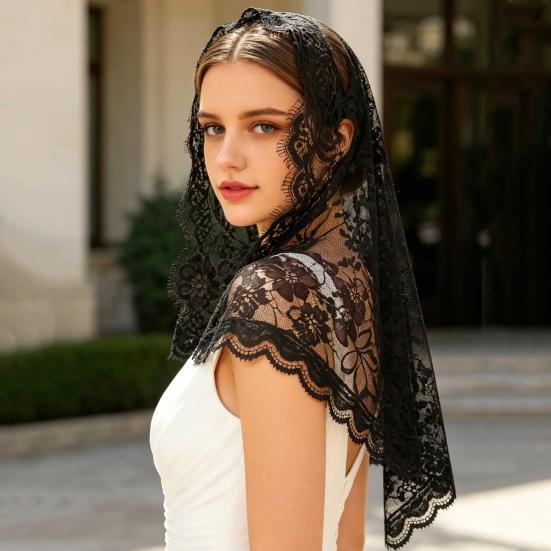 Lace Veil, Short Back-Draped Veil, Mesh Lace Edge Retro Style Wedding Headscarf, for Church Gothic Halloween Party