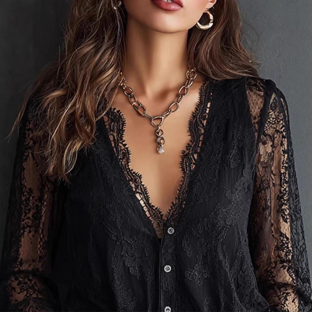 Top Elegant cu Dantelă la Gât în V și Mânecă Lungă - Ediția Europa 2025