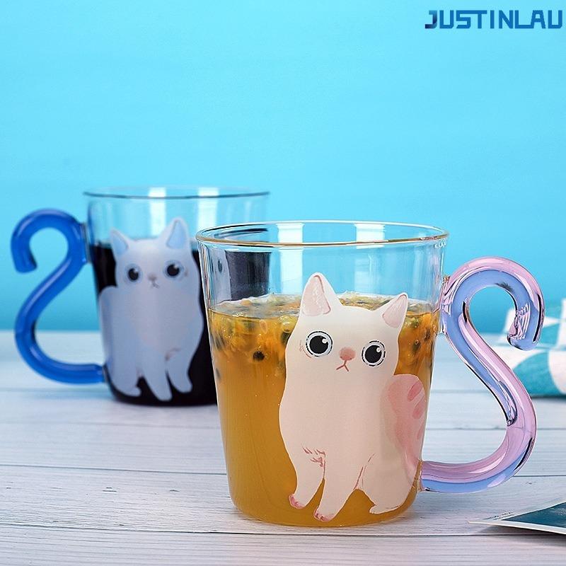 Milk Juice Cup Coffee Cup Cute Cat Transparent Glass Cup Suitable for Couples To Give Gifts with Handle Glass Cup Mug