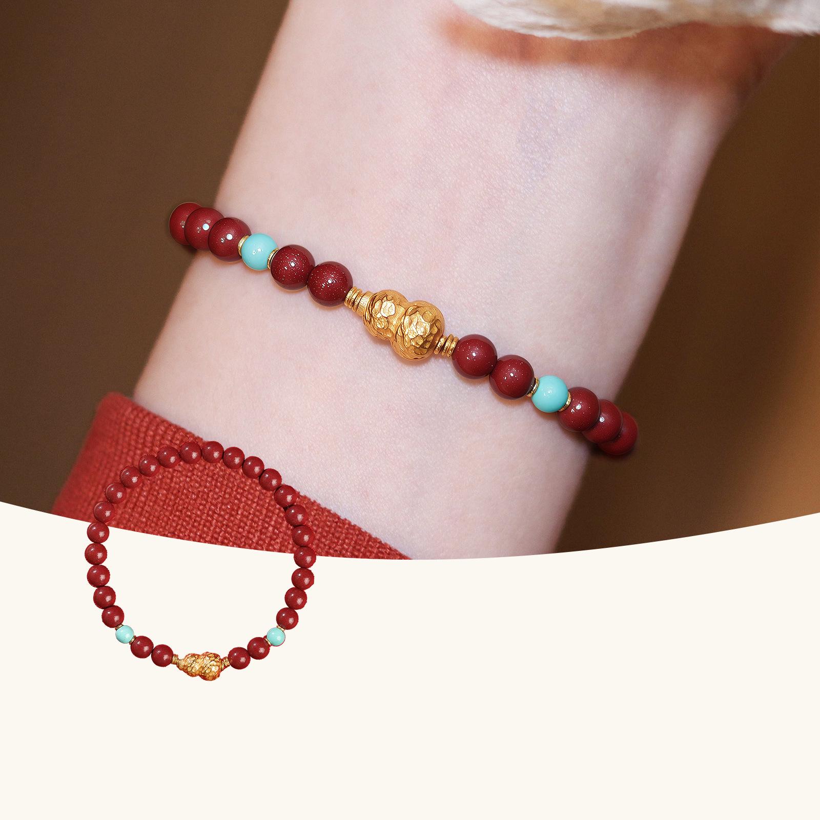 Genuine Hongyun Cinnabar & Gourd Good Luck Beaded Bracelet Standard Zijin Sand