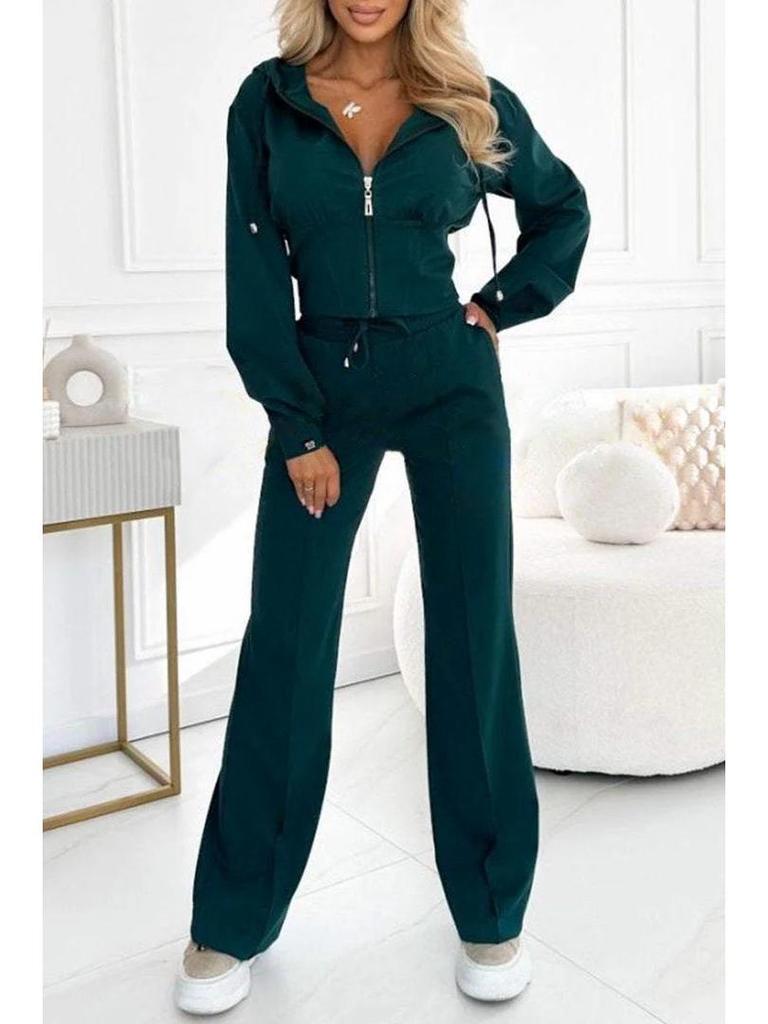 2024 European & American Autumn/Winter Solid Color Hooded Zipper Jacket & Bodycon Two-Piece Set