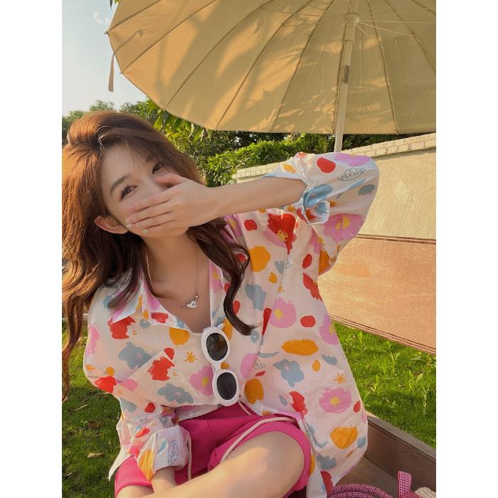 

Sweet floral vacation shirt women s spring summer loose and thin medium and long shirt niche long-sleeved sunscreen top women 2XL