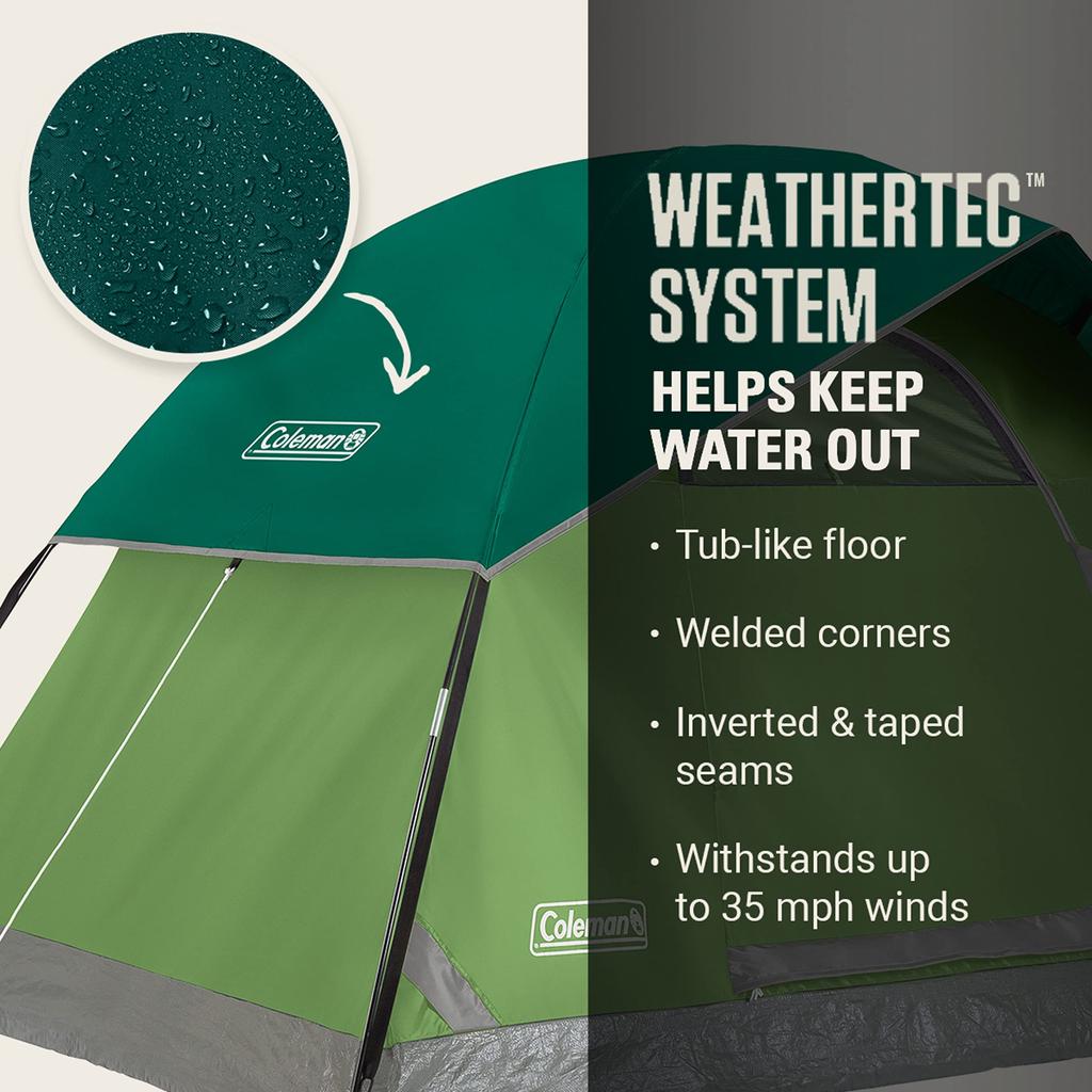 Coleman Sundome Camping Person Dome Easy Rainfly and WeatherTech Water 2 Windows and 1 Ground Charging Flap Tent, 2/3/4/6 Tent, Pitch, Floor, Proof,