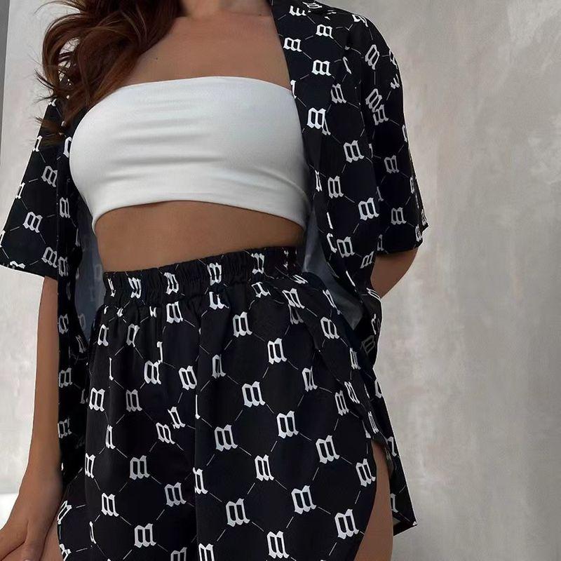 

Fashion Wind Summer Print Loose Cardigan Shirt Shorts Suit Printed Top and Shorts Set Black L