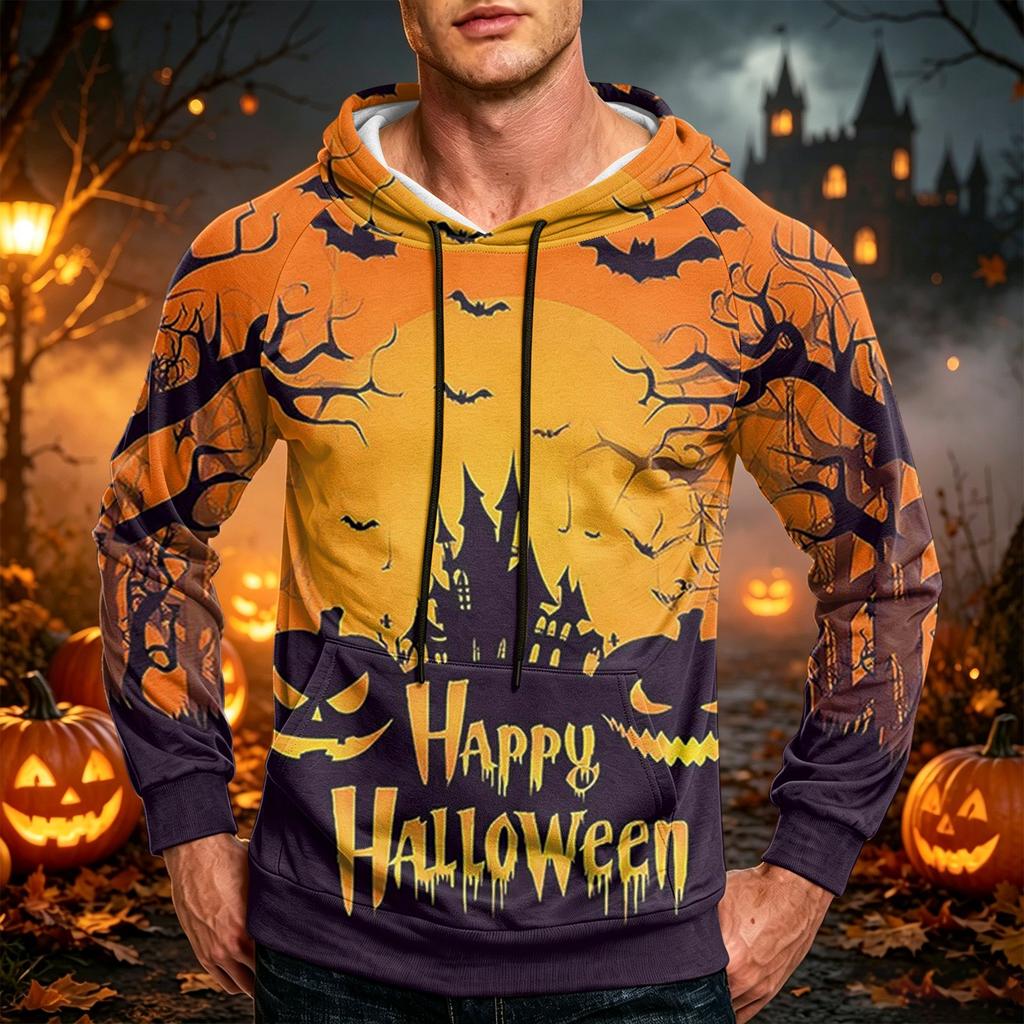 Men's Casual Loose Fit Hoodie with Pocket, Drawstring and Printed Design