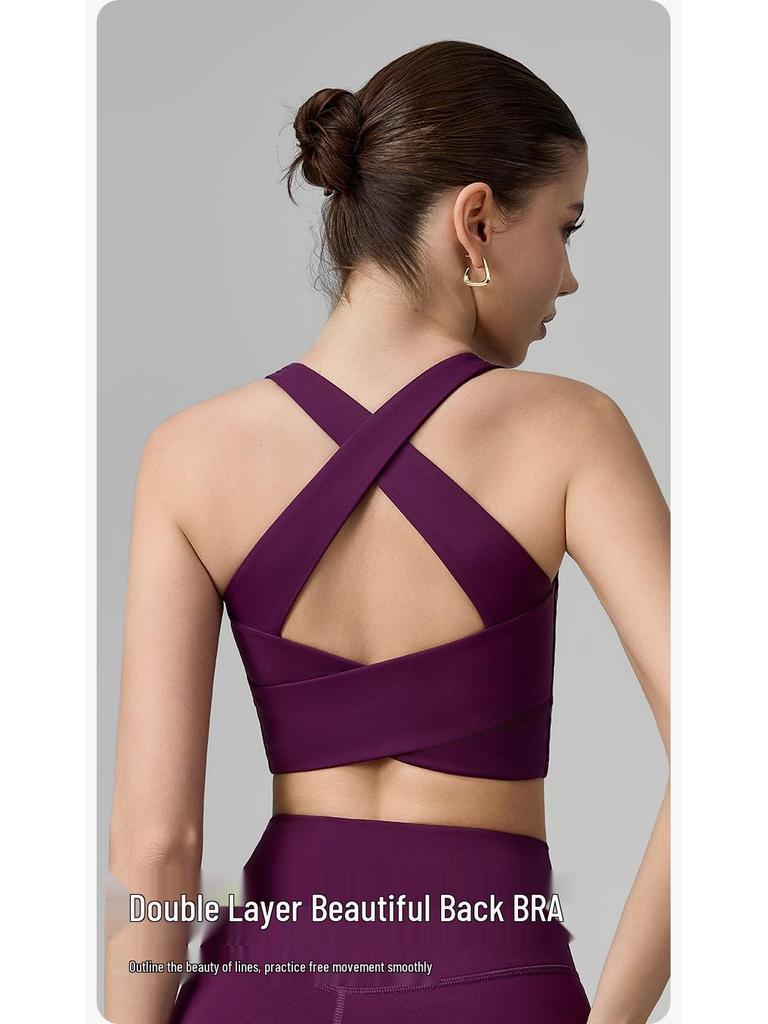 Women's Wide-Strap Cross-Over Sports Bra with Side Support, Shock Absorption, Fixed Cups, Hollow Back, Yoga Vest