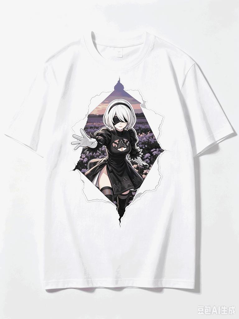2026 New Unisex Crew Neck Casual Short Sleeve T-Shirt With Torn Paper Frame 2B Anime Character Print From NieR Automata T-shirt