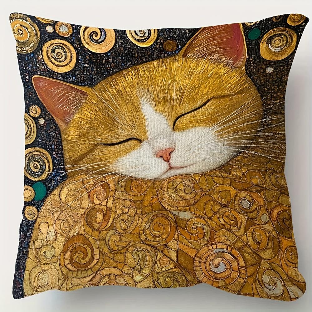 Panika Chen Unisex 2D Flat- Vintage Art Nouveau Sleeping Ginger Cat Throw Pillow Cover Gustav Klimt Style Decorative Cushion Case For Home Bedroom