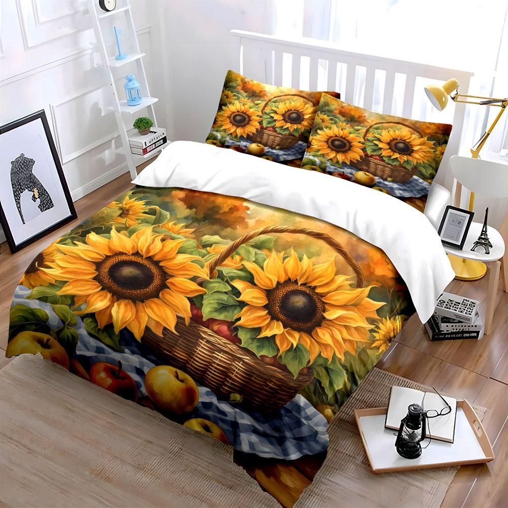 Sonnenblumen und Erntekorb Aufdruck Bettbezug-Set 1 Bettbezug + 2 Kissenbezüge verschiedene Größen Schlafzimmer Bettwäsche Dekor Luxusgeschenke