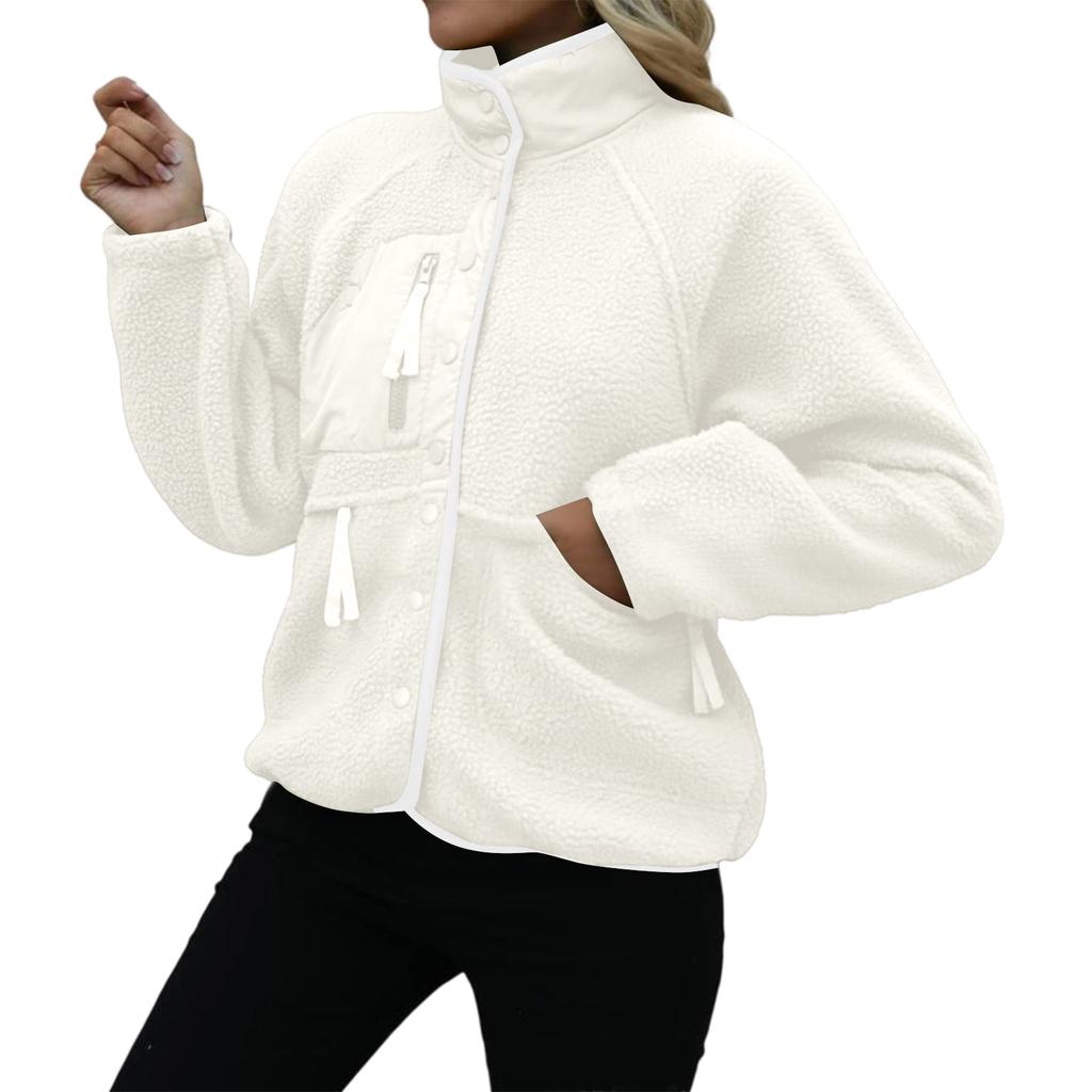 Damen Stehkragen Fleecejacke Knopfleiste Lässige Oberbekleidung Langarm Leichtes Sportliches Oberteil mit Tasche