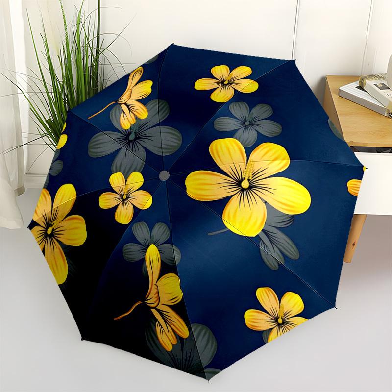 1pc Yellow Flowers Pattern Navy Blue Background Umbrella with Plastic Handle,Suitable for All Seasons Umbrellaptys26086