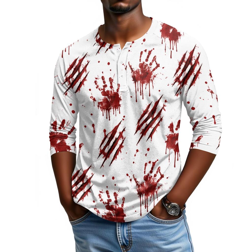 Men's Casual Halloween Print Raglan Sleeve Henley Shirt Three Quarter Sleeve Lightweight Comfortable Top for Everyday Wear