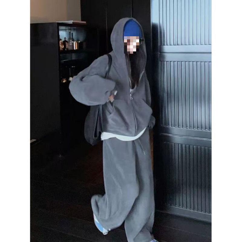

Plus Size Jin Pang Belly-Covering Sweatshirt & Wide-Leg Pants Set - Women s Autumn Solid Color Two-Piece Casual Sport Suit Large темно-сірий