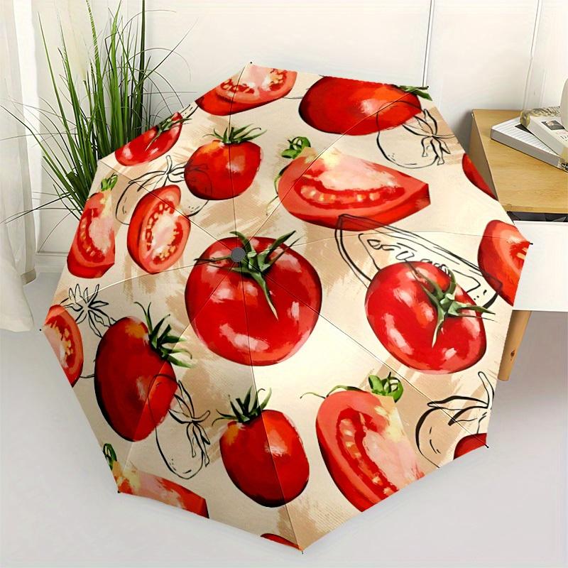 1pc Tomato Pattern Automatic Open/Close Umbrella with One-Touch Button, Compact Folding Canopy, Sturdy 8-Rib Windproof Design -134