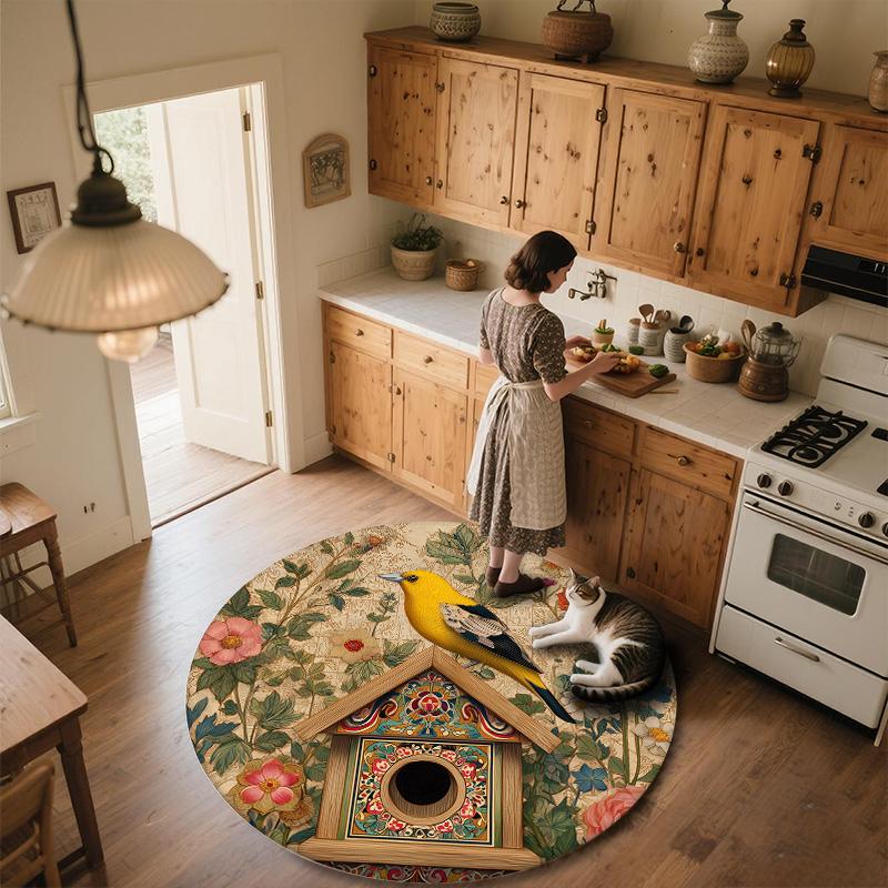 Vintage Flower Bird,Round Area Rug,Carpet Rug for Living Room Bedroom Sofa Playroom Decor,Non-slip Floor Mat