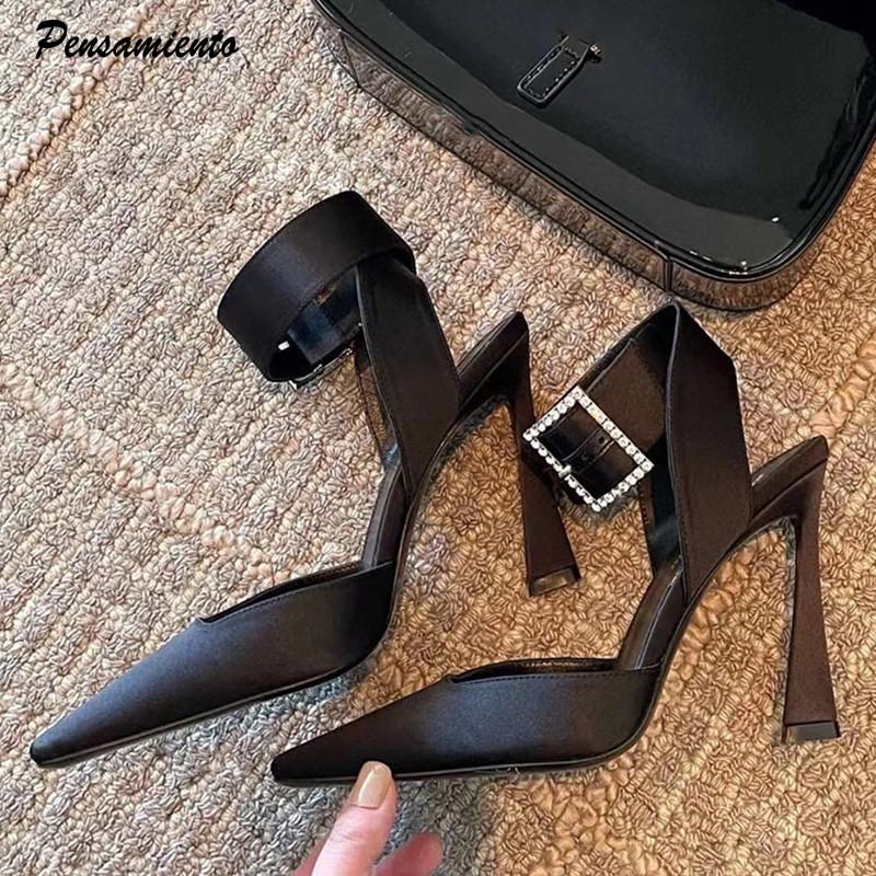 Fashion Star style Luxury Satin Rhinestones Square Buckle Women Pumps Sexy Ankle strap Slingbacks Summer High Heels Celebrity Prom Shoes